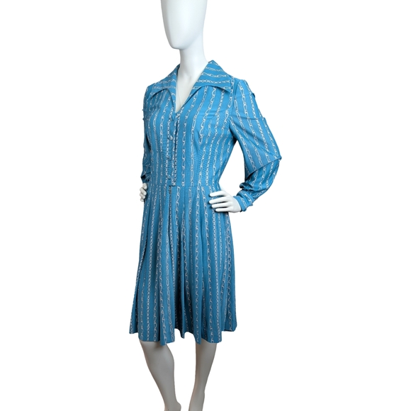 Vintage Chain Print Midi Dress | 60s 70s Mod Boho | Long Sleeve, Size Large - Picture 6 of 10